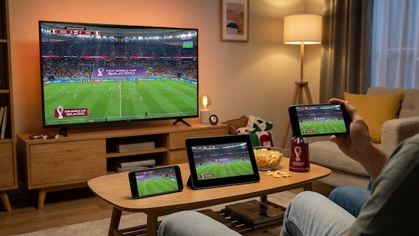 Persona viendo un partido de fútbol en televisión, tablet y teléfono móvil dentro de una sala de estar.