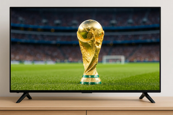 La Copa del Mundo en primer plano sobre una pantalla de televisión que transmite un estadio lleno.