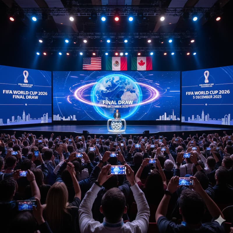 Gráfico vertical con el logo del Mundial 2026, destacando la fecha "5 de diciembre de 2025" y el lugar del sorteo: Washington D. C.