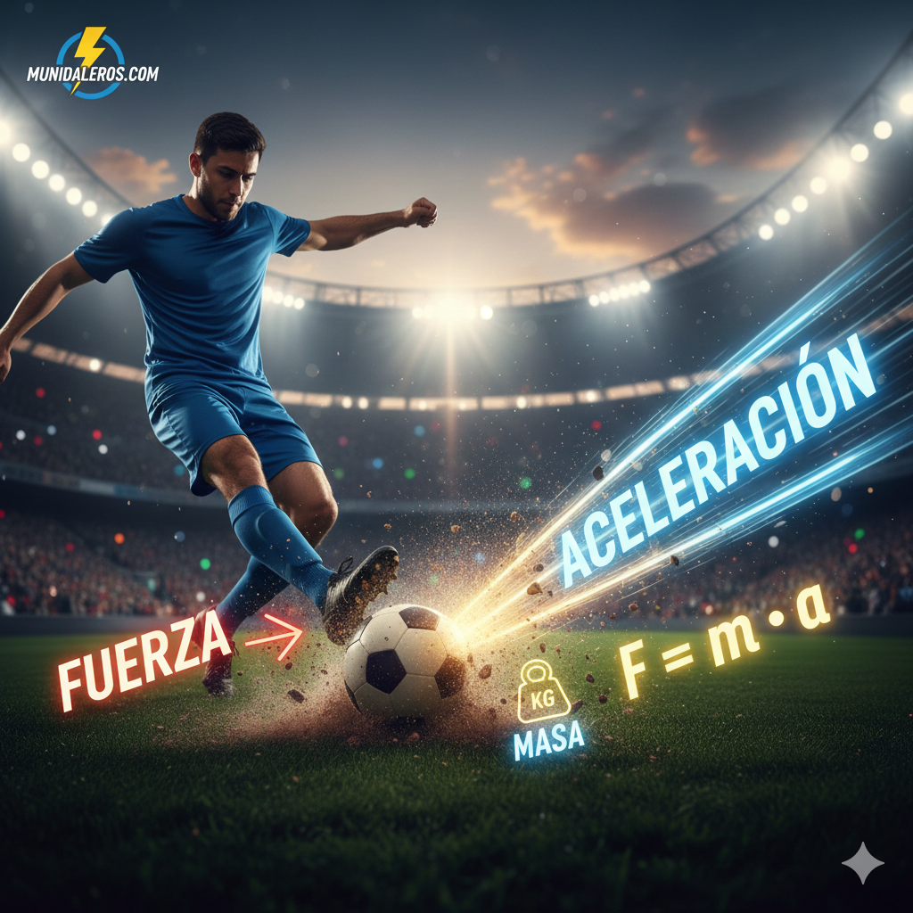 Imagen de un jugador golpeando un balón de fútbol con gran fuerza, ilustrando cómo la fuerza (F) determina la aceleración (a) del disparo (Segunda Ley de Newton).