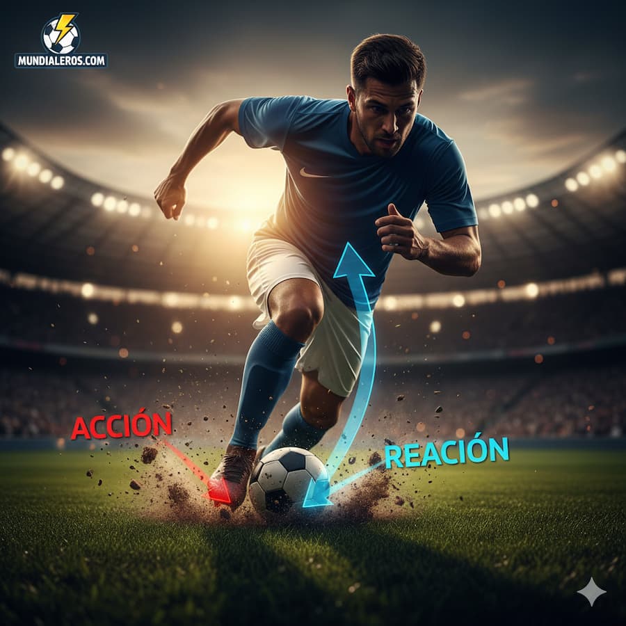 Jugador de fútbol acelerando rápidamente, aplicando la Tercera Ley de Newton (Acción y Reacción) al empujar el suelo para generar impulso hacia adelante.