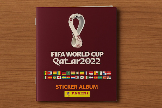 Álbum Panini oficial del Mundial FIFA Qatar 2022 sobre una mesa de madera