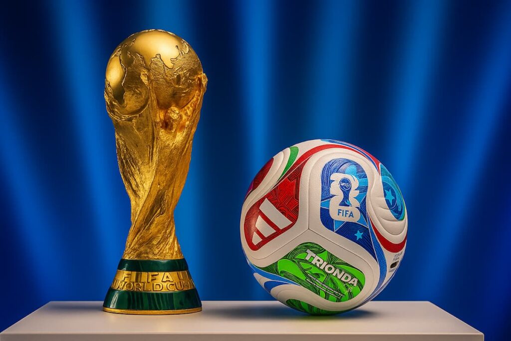 Trofeo de la Copa Mundial de la FIFA junto al balón Trionda del Mundial 2026 sobre fondo azul