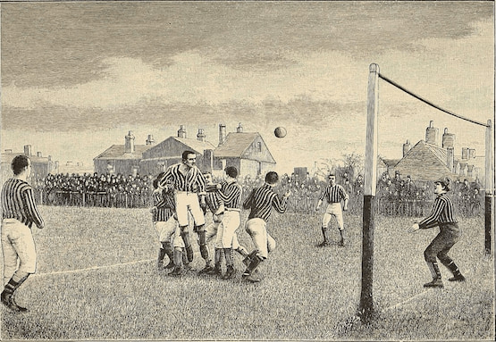 Ilustración antigua de un partido de fútbol en Inglaterra durante el siglo XIX, origen del fútbol moderno