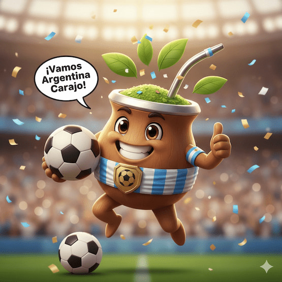 Personaje animado de mate alentando a Argentina en un estadio de fútbol