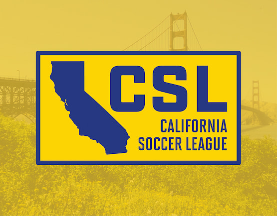 Logotipo de la California Soccer League con silueta del estado de California sobre fondo amarillo