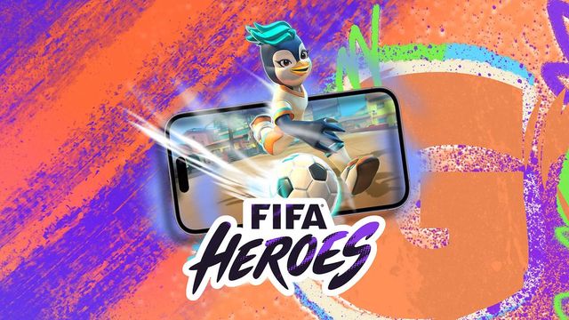 Imagen promocional del videojuego FIFA Heroes con personaje animado saliendo de un celular