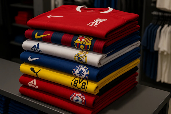 Camisetas oficiales de clubes europeos que impulsan las ventas en 2025. Pila de camisetas oficiales de clubes europeos como Liverpool, Barcelona, Real Madrid, Chelsea, Borussia Dortmund y Bayern Múnich apiladas en una tienda.