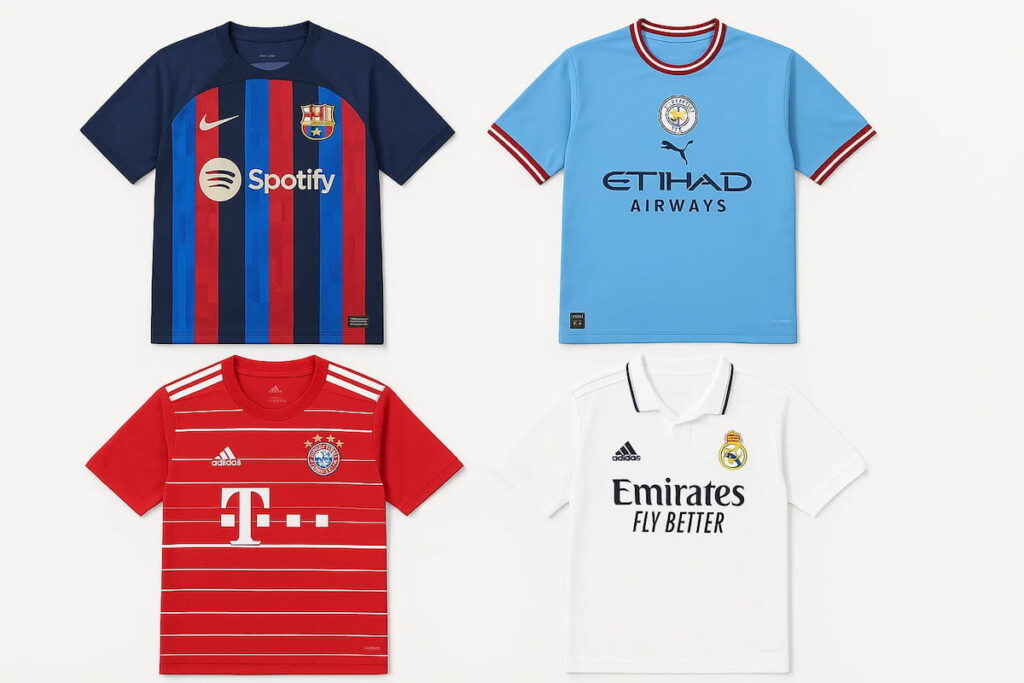 Dónde comprar camisetas de fútbol baratas Cuatro camisetas de fútbol de clubes europeos (Barcelona, Manchester City, Bayern Múnich y Real Madrid) exhibidas sobre fondo blanco.