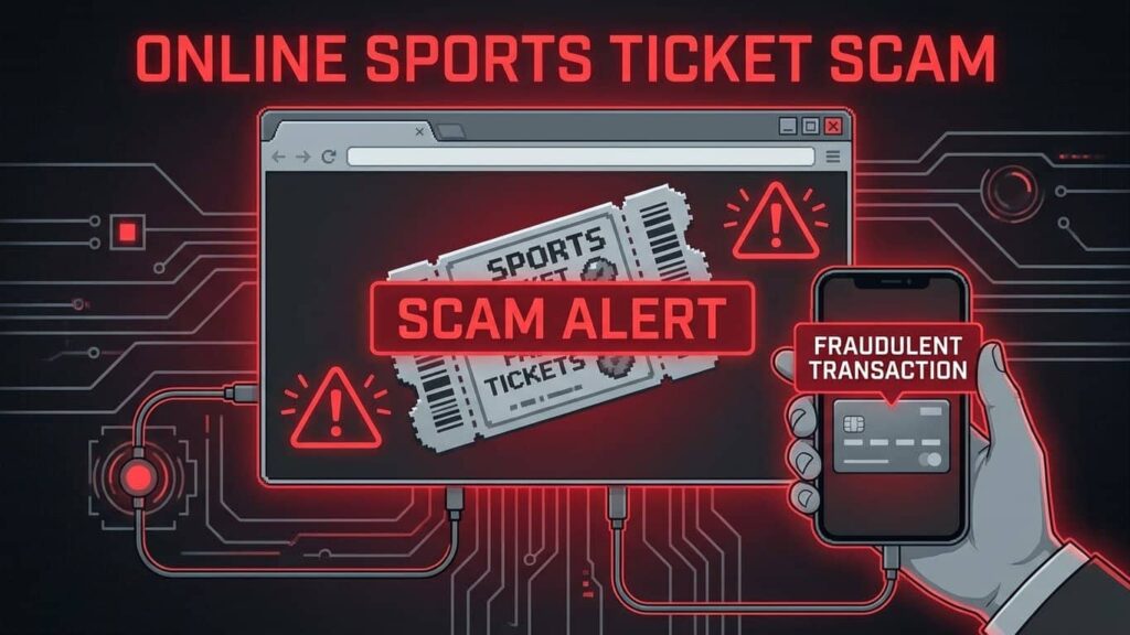 Alerta de estafa en la compra online de entradas deportivas, con advertencia de fraude y transacción no autorizada en pantalla.