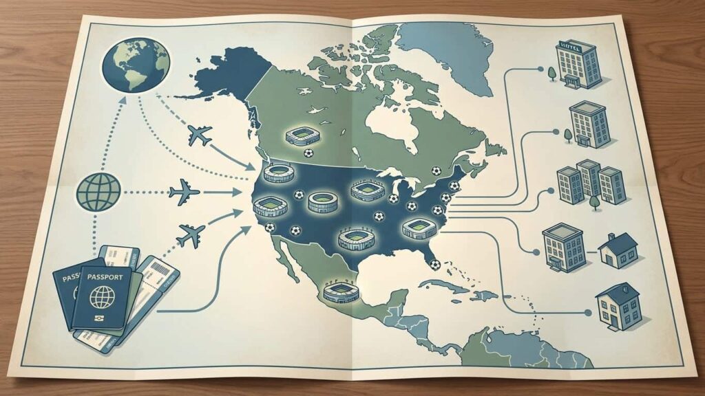 Mapa ilustrado del Mundial 2026 con sedes, rutas aéreas y planificación de viaje entre Estados Unidos, México y Canadá.