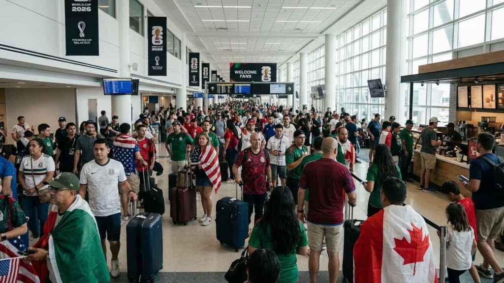 Hinchas con valijas y banderas en un aeropuerto durante el Mundial 2026, viaje de fanáticos rumbo a las sedes del torneo.