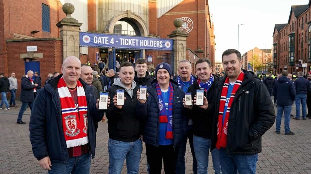 Hinchas mostrando entradas digitales en el ingreso a un estadio, con tickets verificados en el celular antes del partido.
