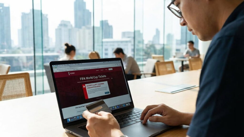 Persona comprando entradas del Mundial 2026 online desde una laptop y tarjeta de crédito, con alerta de posible estafa en pantalla.