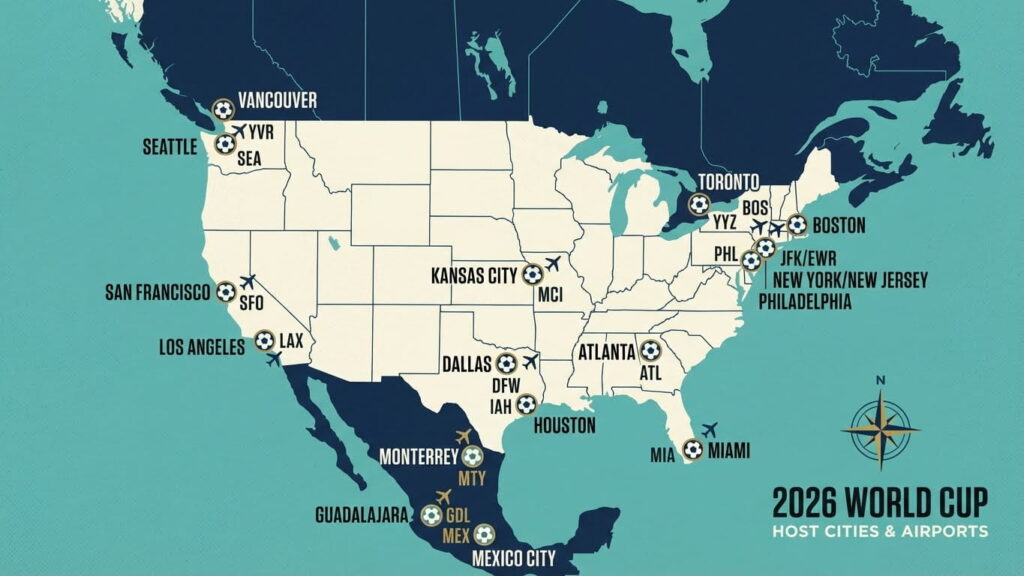 Aeropuertos recomendados para las sedes del Mundial 2026 Mapa de Norteamérica con las sedes del Mundial 2026 y los aeropuertos recomendados para llegar a cada ciudad anfitriona.