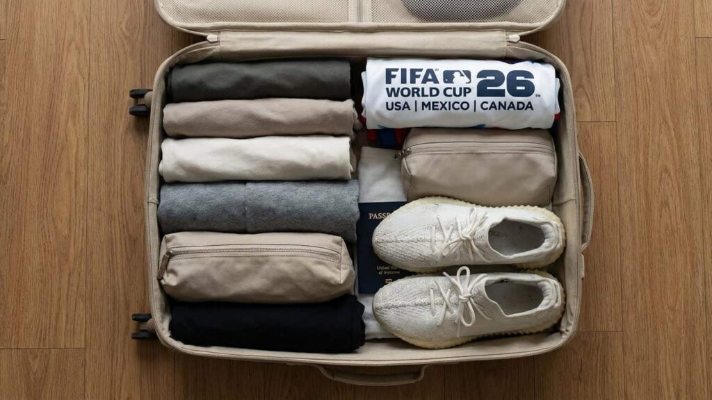 Valija armada con ropa, zapatillas y artículos esenciales para viajar al Mundial 2026 en Estados Unidos, México y Canadá.