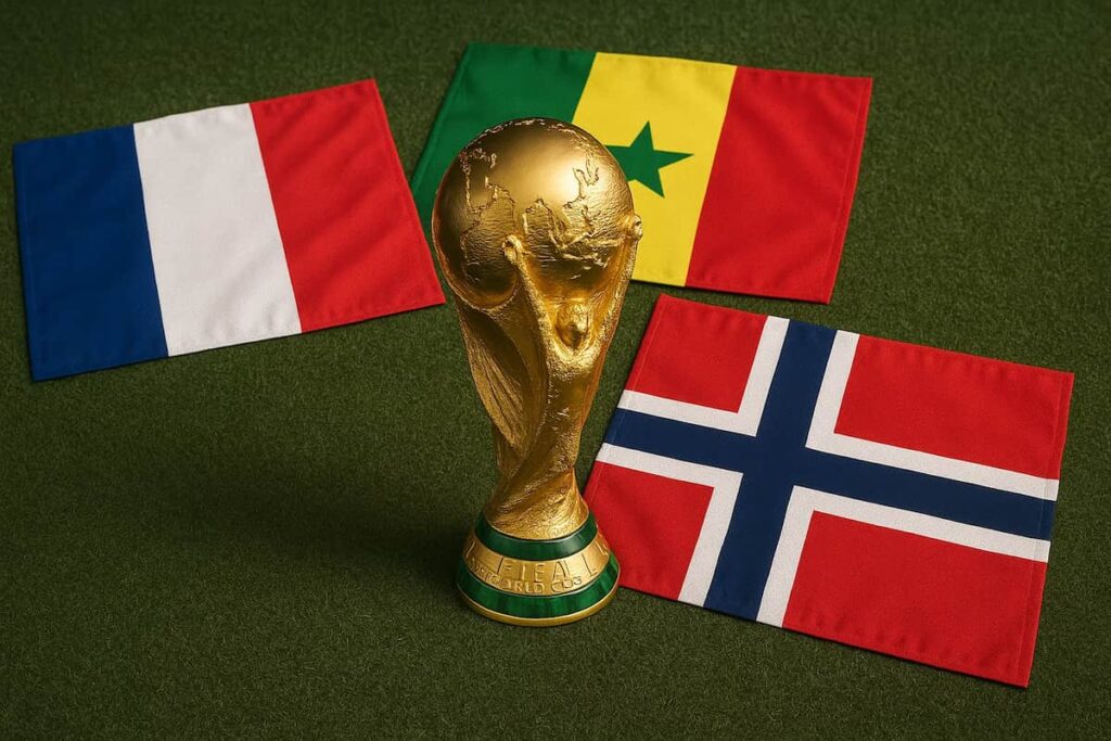 Trofeo de la Copa del Mundo junto a las banderas de Francia, Senegal y Noruega en césped.