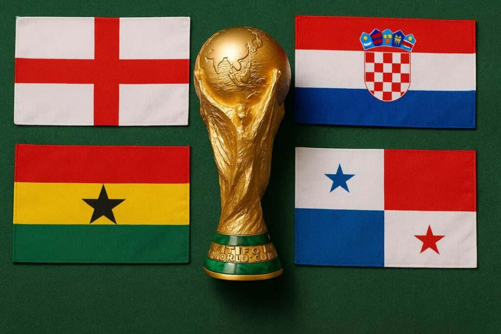 Trofeo de la Copa del Mundo rodeado por las banderas de Inglaterra, Croacia, Ghana y Panamá sobre césped verde.