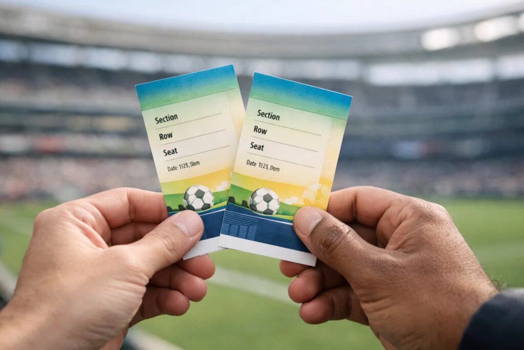 Entradas para un partido de fútbol del Mundial 2026 sostenidas por un aficionado dentro de un estadio.