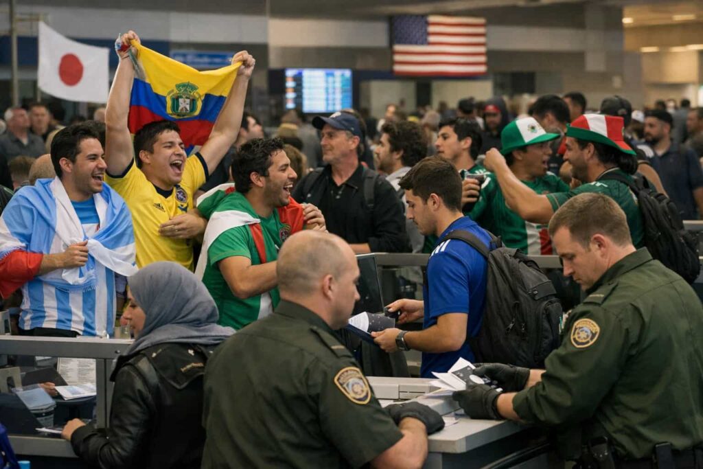 Aficionados con banderas de distintas selecciones pasan controles migratorios en un aeropuerto de Estados Unidos, en un contexto de tensión previa al Mundial.