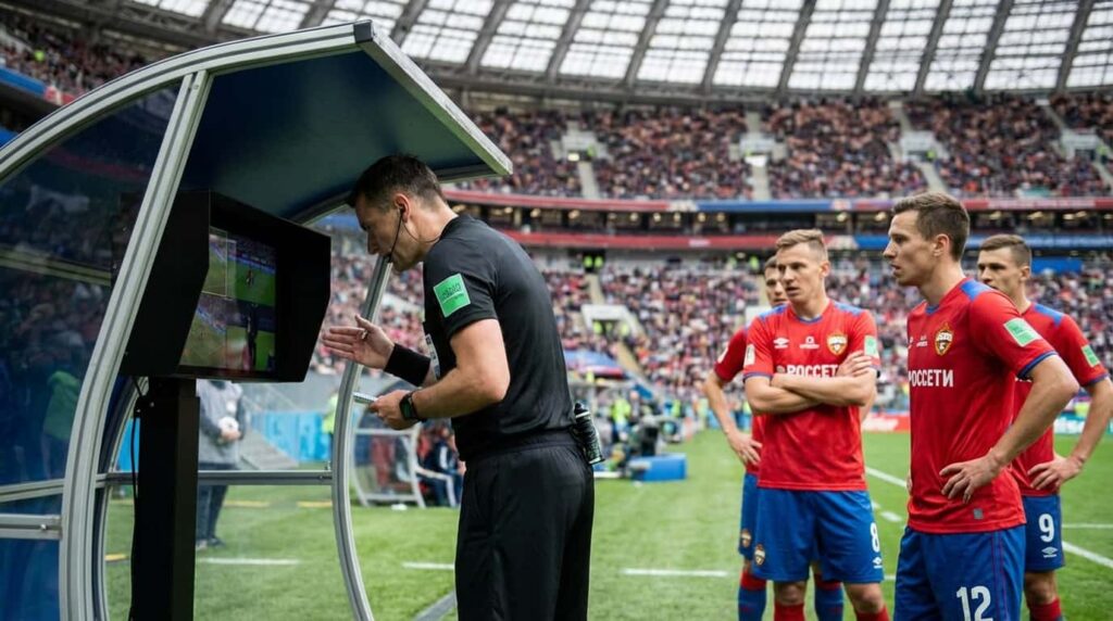 Árbitro revisa el VAR mientras jugadores observan, una escena clave cuando dos selecciones empatan en puntos en un Mundial