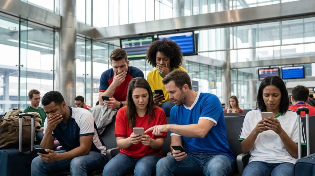 Viajeros revisan alertas en sus teléfonos dentro de un aeropuerto, una escena vinculada a las advertencias por operativos migratorios rumbo al Mundial 2026