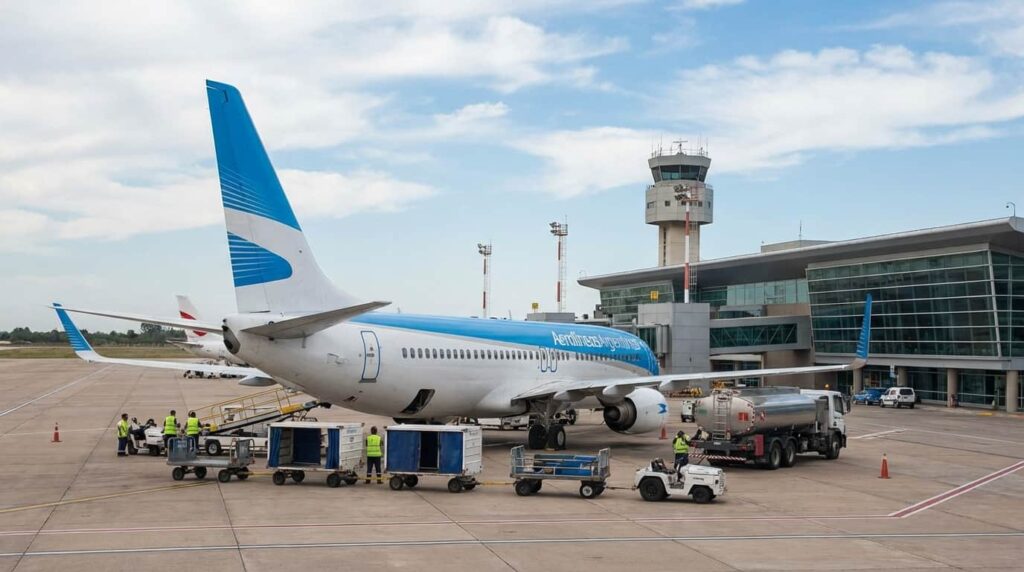 Avión de Aerolíneas Argentinas en plataforma aeroportuaria con operación de carga, clave para los vuelos a Miami por el Mundial 2026