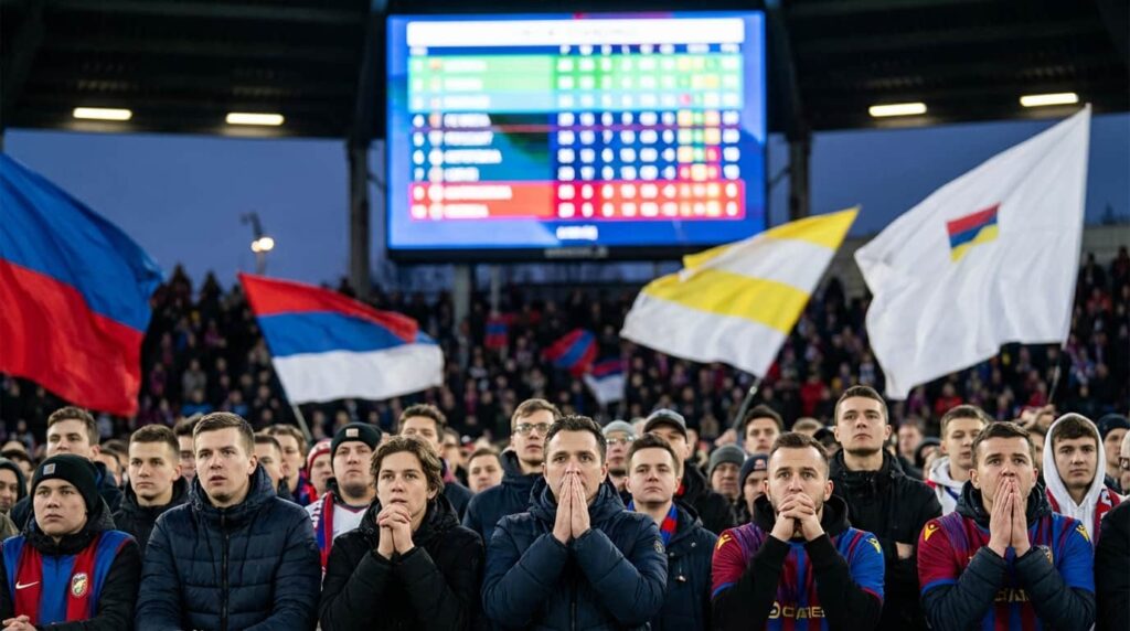 Hinchas observan la pantalla con la tabla de posiciones en un estadio, una escena clave cuando dos selecciones empatan en puntos en el Mundial