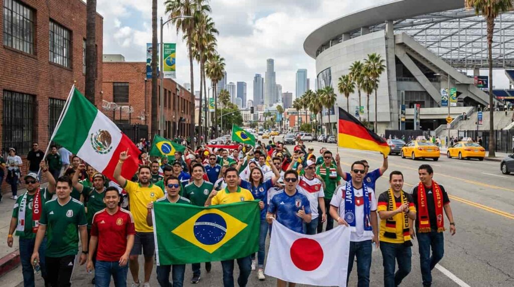 Hinchas internacionales y fútbol olímpico en LA28 Hinchas de distintas selecciones marchan con banderas en Los Ángeles, reflejo del impacto global del fútbol olímpico y las nuevas sedes de LA28