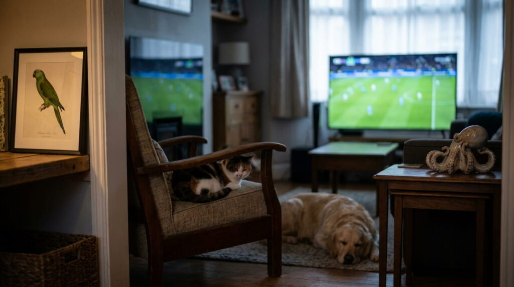 Animales oráculo mirando un partido de fútbol y anticipando resultados del Mundial 2026