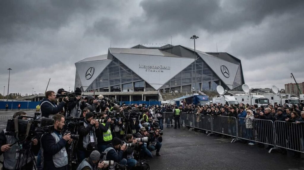 Prensa y manifestantes frente a un estadio bajo fuerte cobertura mediática, una imagen de las polémicas que ya rodean al Mundial 2026