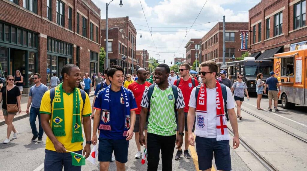 Sede más barata del Mundial 2026: ciudades accesibles para hinchas Hinchas de distintos países caminan por una ciudad sede del Mundial 2026 con ambiente accesible y costos bajos