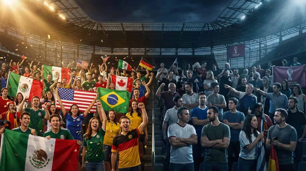 Hinchas celebran y discuten en un estadio con banderas internacionales, una imagen de las tensiones políticas y sociales que rodean al Mundial 2026