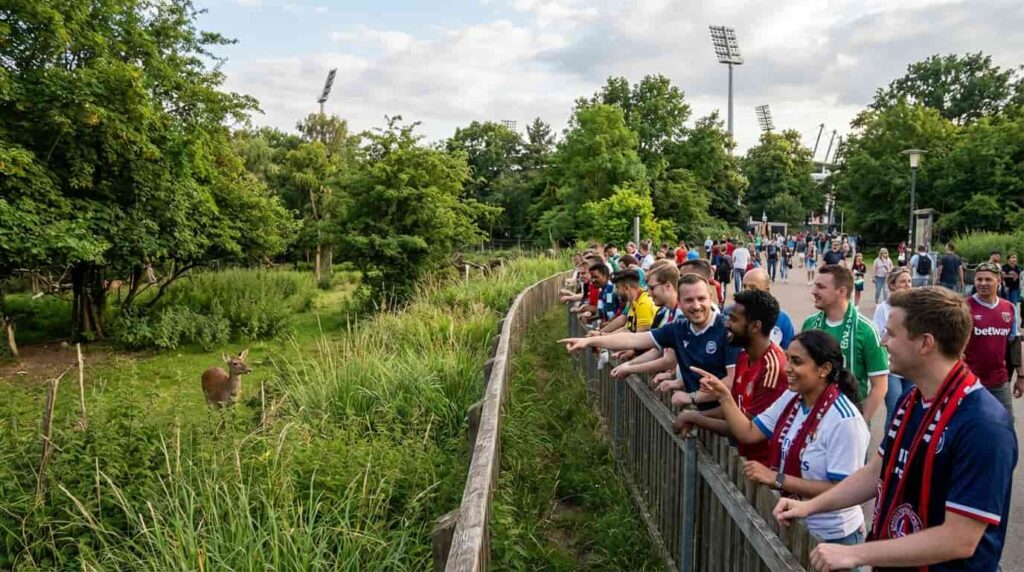 Aficionados de fútbol observan a un ciervo como posible animal oráculo del Mundial 2026