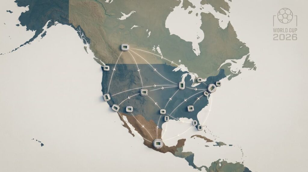 Mapa del Mundial 2026 con sedes distribuidas en Estados Unidos, México y Canadá, una imagen de las polémicas logísticas y políticas del torneo