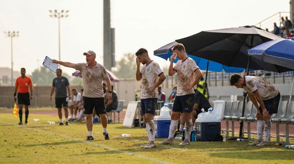 Jugadores y entrenador se refugian del calor durante un partido, una escena que explica por qué las altas temperaturas serán clave en el Mundial 2026