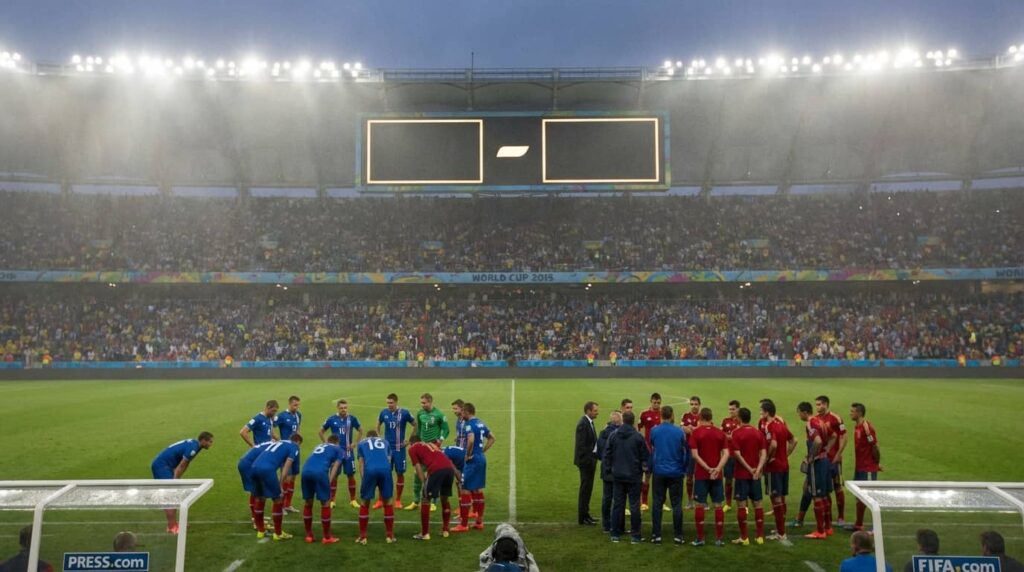 Dos selecciones reunidas en el campo durante un Mundial, imagen que ilustra qué ocurre cuando empatan en puntos en la fase de grupos