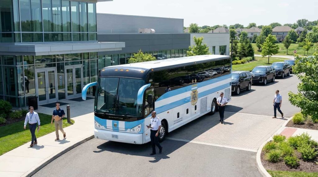 Micro de la Selección Argentina arribando a su base en Kansas, parte de la planificación logística para el Mundial 2026