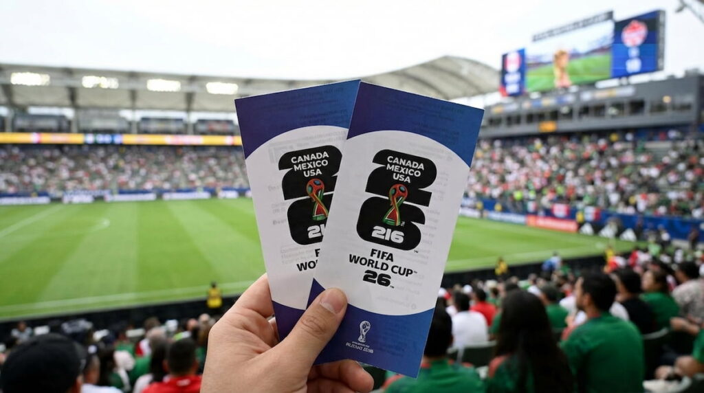 Entradas para el Mundial 2026 sostenidas por un aficionado dentro de un estadio lleno de público