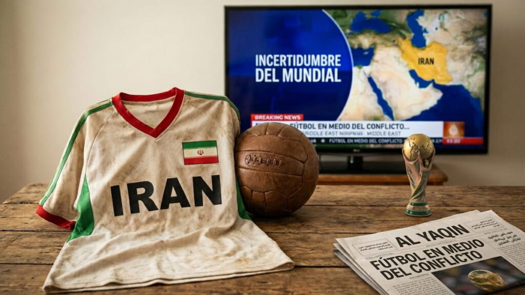 Camiseta de la selección de Irán junto a un balón y el trofeo del Mundial en medio de la incertidumbre por su participación en 2026